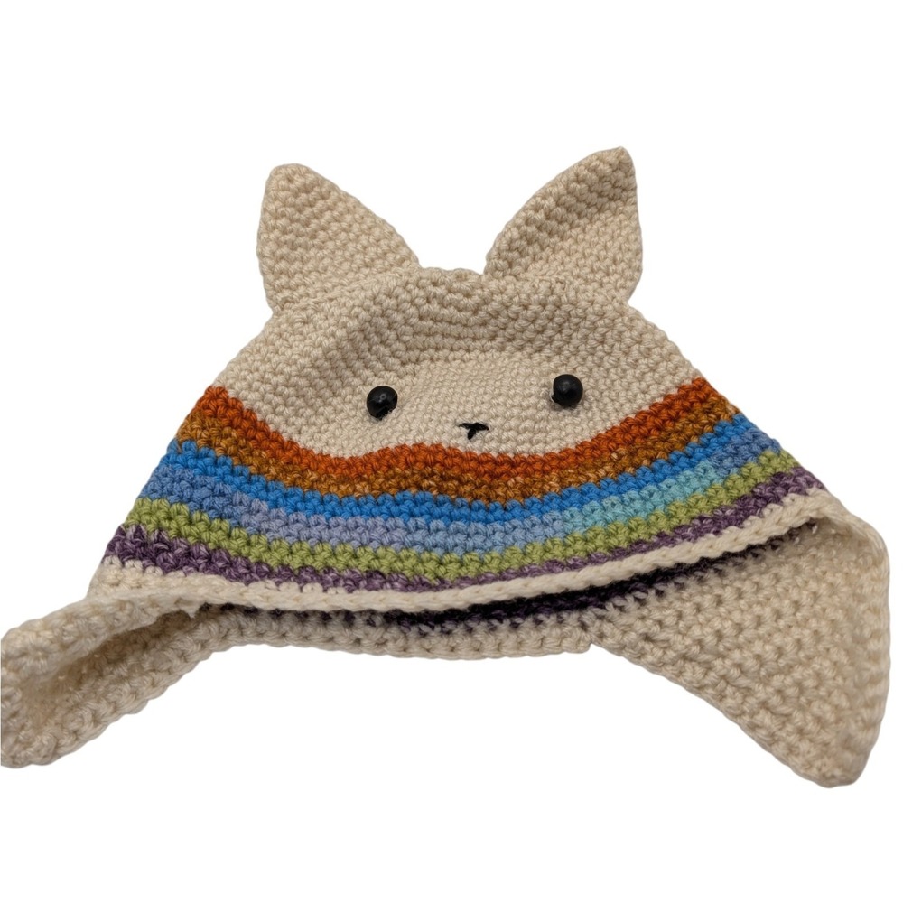 New Handmade Crocheted Cat Beanie Hat Ear Flaps Rainbow Winter Snow Childrens